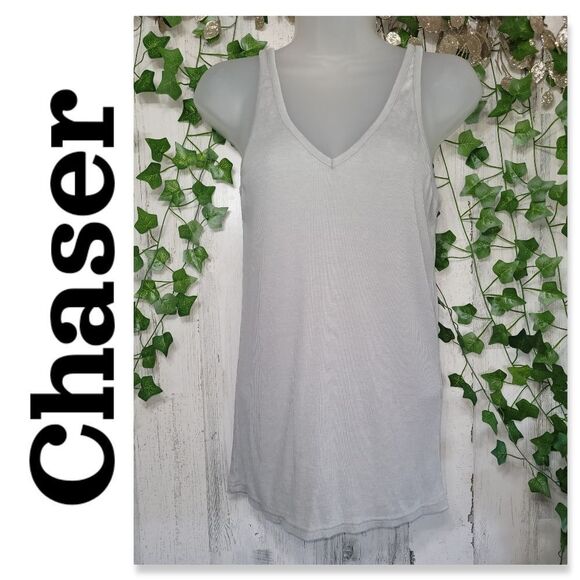 NWT Chaser Double V Shirred Back Tank in Cool Grey - Picture 1 of 10